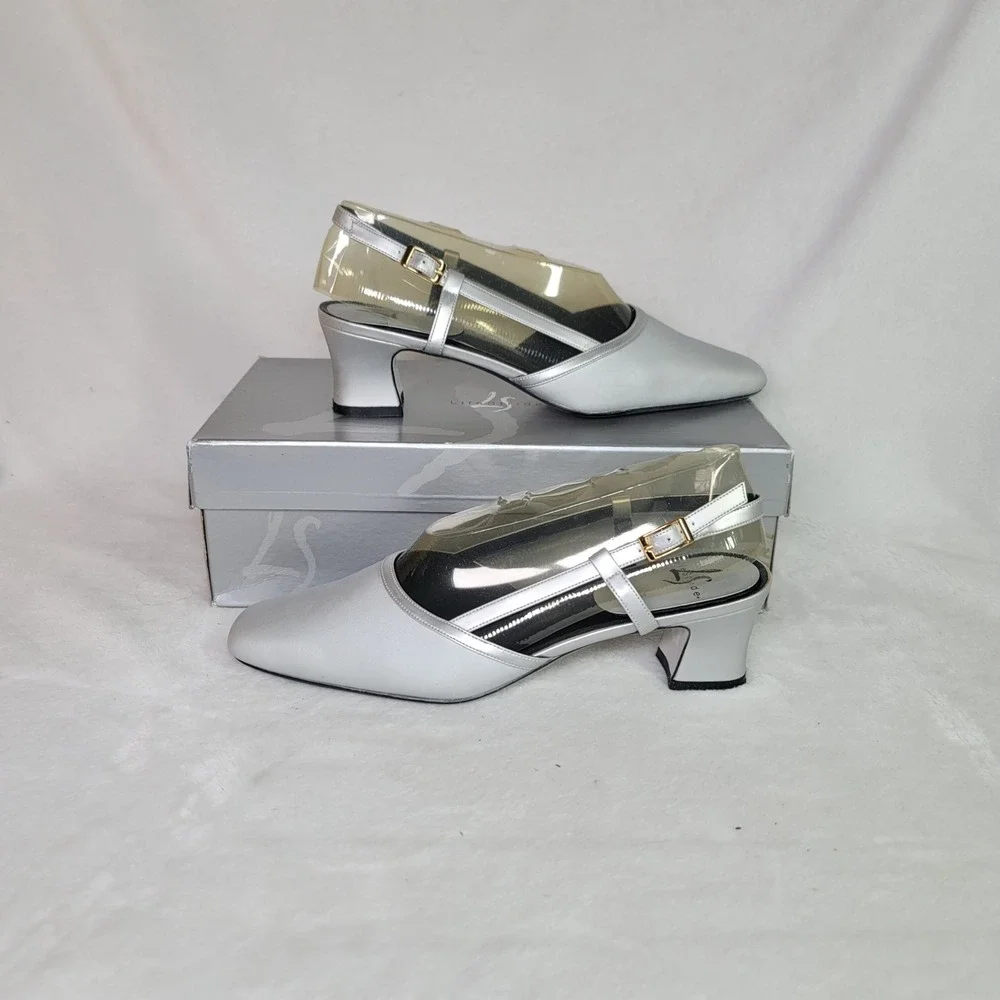 Life Stride Metallic Silver‎ Formal Heels Comfy Slingback Square Toe Size 8.5 N